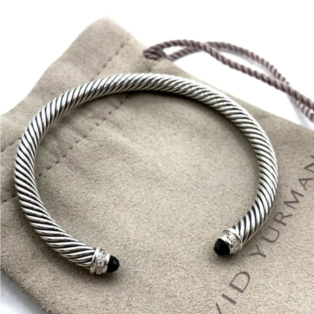 David Yurman Sterling Cable Bracelet Black Onyx & Diamonds 5mm Size Small